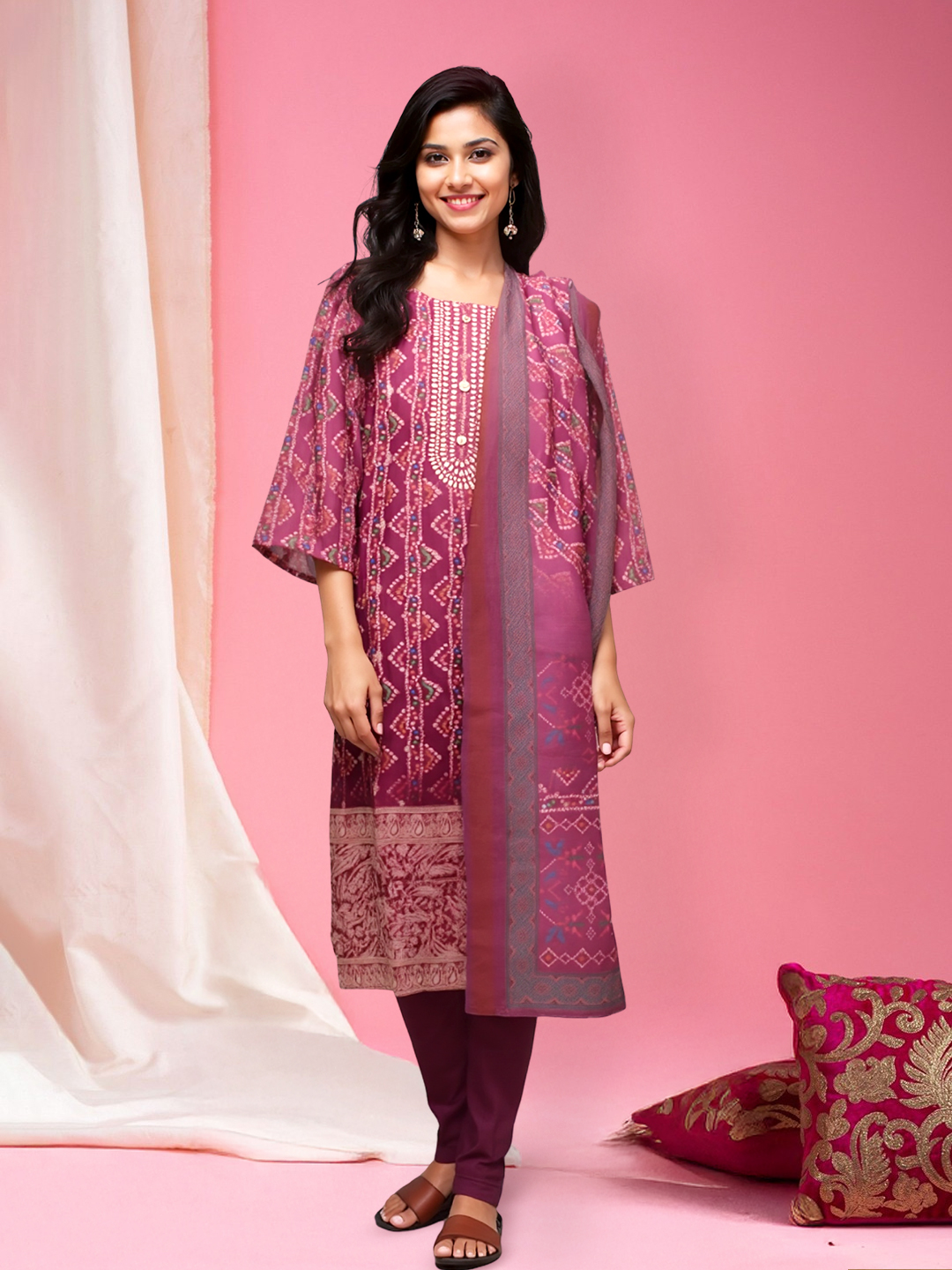 Picture of Contemporary Touch to Traditional Style Straight Embroidered Kurta with Pant & Dupatta Set